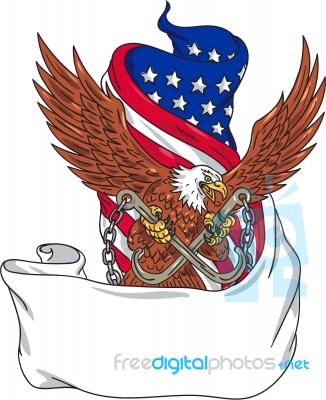 American Eagle Clutching Towing J Hook Flag Unfurled Drawing Stock Image