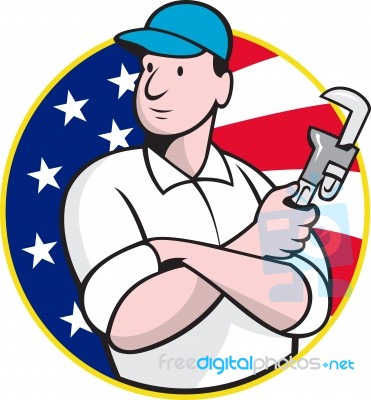 American Plumber Worker With Adjustable Wrench Stock Image