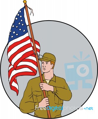 American Soldier Holding Usa Flag Circle Drawing Stock Image