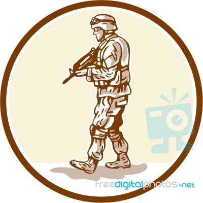 American Soldier Rifle Walking Circle Cartoon Stock Image