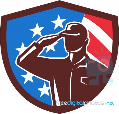 American Soldier Saluting Usa Flag Crest Retro Stock Image