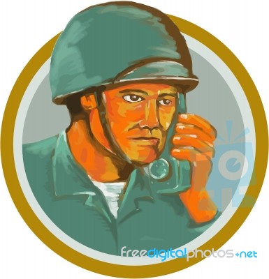 American Soldier Serviceman Calling Radio Watercolor Stock Image