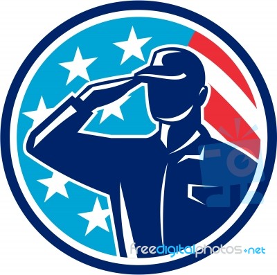 American Soldier Serviceman Saluting Flag Circle Retro Stock Image