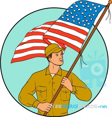 American Soldier Waving Usa Flag Circle Drawing Stock Image