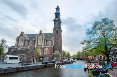 Amsterdam, Netherlands - May 6, 2015: People At Westerkerk (west… Stock Photo