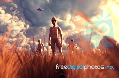 An Aliens In Grass Field,3d Illustration Concept Background Stock Image