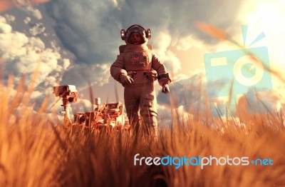 An Astronaut Discover A New Land,3d Illustration Stock Image