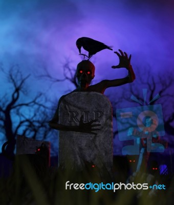 An Undead Holding A Gravestone At Night Surrounding By Black Cats Stock Image