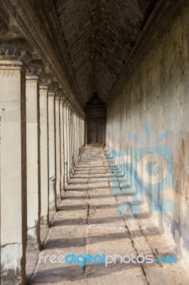 Ancient Corridor At Angkor Wat Stock Photo