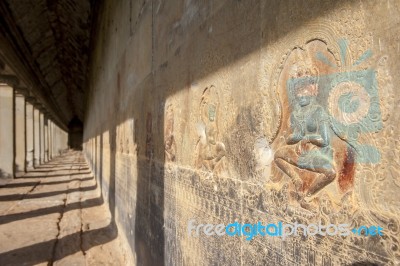 Ancient Corridor At Angkor Wat Stock Photo