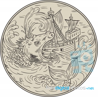 Ancient Sea Monster Attacking Sailing Ship Circle Drawing Stock Image