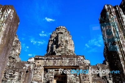 Ancient Stone Faces Of Bayon Temple, Angkor Wat, Siam Reap, Cambodia Stock Photo