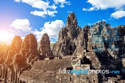 Ancient Stone Faces Of Bayon Temple, Angkor Wat, Siam Reap, Cambodia Stock Photo