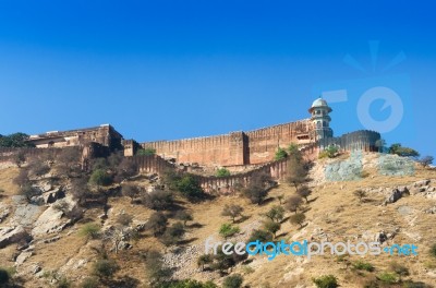 Ancient Walls Of Amber Fort With Landscape In Jaipur Stock Photo