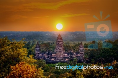 Angkor Wat Temple At Sunset, Siem Reap In Cambodia Stock Photo