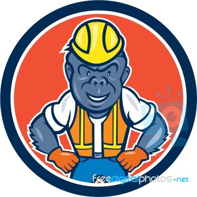 Angry Gorilla Construction Worker Circle Cartoon Stock Image