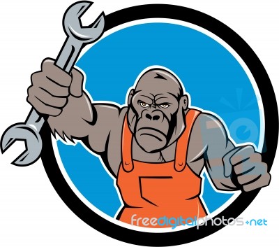 Angry Gorilla Mechanic Spanner Circle Cartoon Stock Image