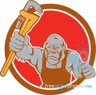 Angry Gorilla Plumber Monkey Wrench Circle Cartoon Stock Image