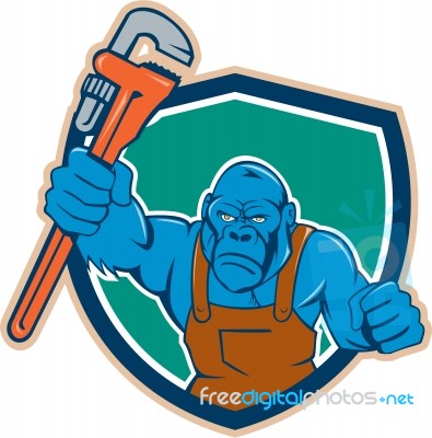 Angry Gorilla Plumber Monkey Wrench Shield Cartoon Stock Image