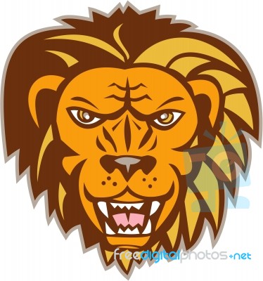 Angry Lion Big Cat Growling Head Retro Stock Image