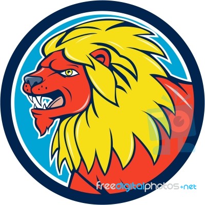 Angry Lion Head Roar Circle Cartoon Stock Image