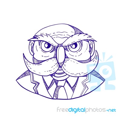 Angry Owl Man Mustache Doodle Stock Image