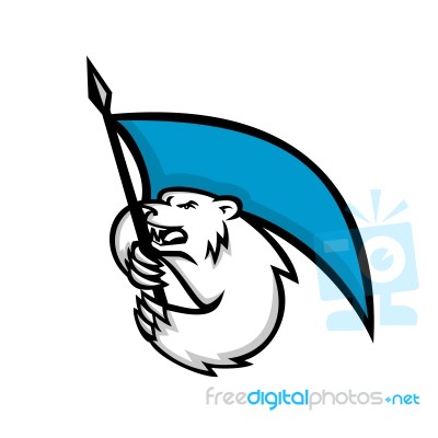 Angry Polar Bear Brandishing Flag Mascot Stock Image