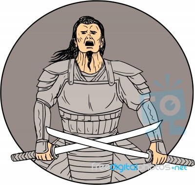 Angry Samurai Warrior Crossing Swords Oval Drawing Stock Image