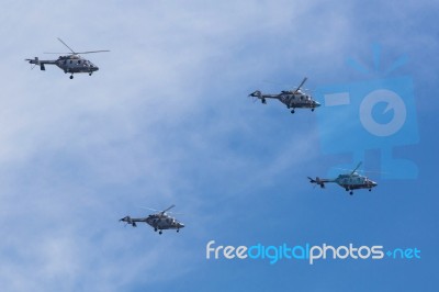 Ansat-u Light Multipurpose Helicopters Fly On Military Parade De… Stock Photo