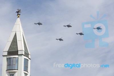 Ansat-u Light Multipurpose Helicopters Fly On Military Parade De… Stock Photo