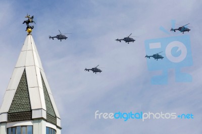 Ansat-u Light Multipurpose Helicopters Fly On Military Parade De… Stock Photo