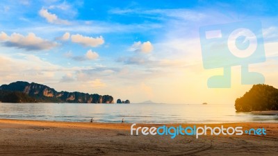 Aouw Nang Bay A Ndaman Sea Krabi, South Of Thailand On Sunset Stock Photo