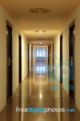 Apartment Corridor To Blue Light Window Stock Photo