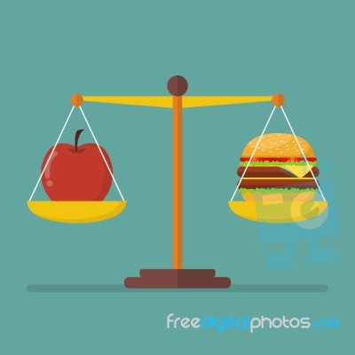 Apple And Hamburger On Scales Stock Image