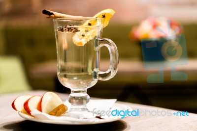 Apple Cider With Cinnamon Stick In A Glass Stock Photo