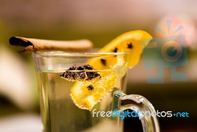 Apple Cider With Cinnamon Stick In A Glass Stock Photo