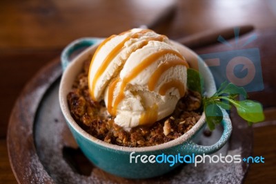 Apple Crumble Dessert With Ice Cream Stock Photo