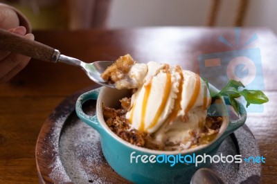 Apple Crumble Dessert With Ice Cream Stock Photo