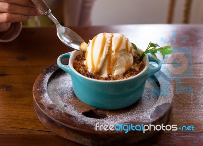 Apple Crumble Dessert With Ice Cream Stock Photo