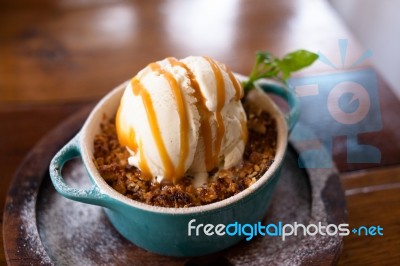 Apple Crumble Dessert With Ice Cream Stock Photo