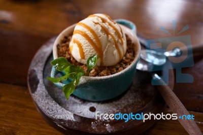 Apple Crumble Dessert With Ice Cream Stock Photo