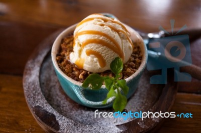 Apple Crumble Dessert With Ice Cream Stock Photo