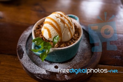 Apple Crumble Dessert With Ice Cream Stock Photo