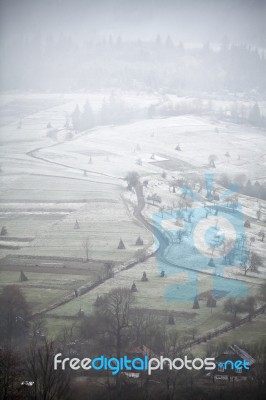 Apple Orchard In Late Fall. First Snow Laid Down Stock Photo