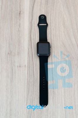 Apple Watch Sport On The Table With Blank Screen Stock Photo