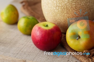 Apples On Wooden Boards Stock Photo