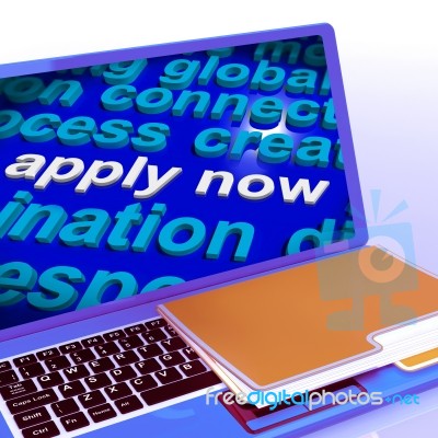 Apply Now Word Cloud Laptop Shows Work Job Applications Stock Image