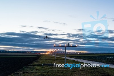 Approaching The Airport At Dusk Stock Photo