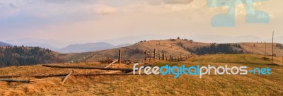 April Evening In Mountains. Spring Hills And Fields Stock Photo