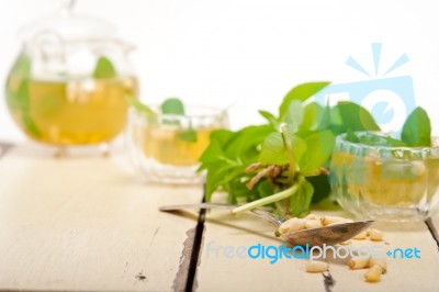 Arab Traditional Mint And Pine Nuts Tea Stock Photo